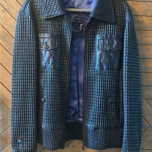 Men's Navy Italian Leather bomber jacket.